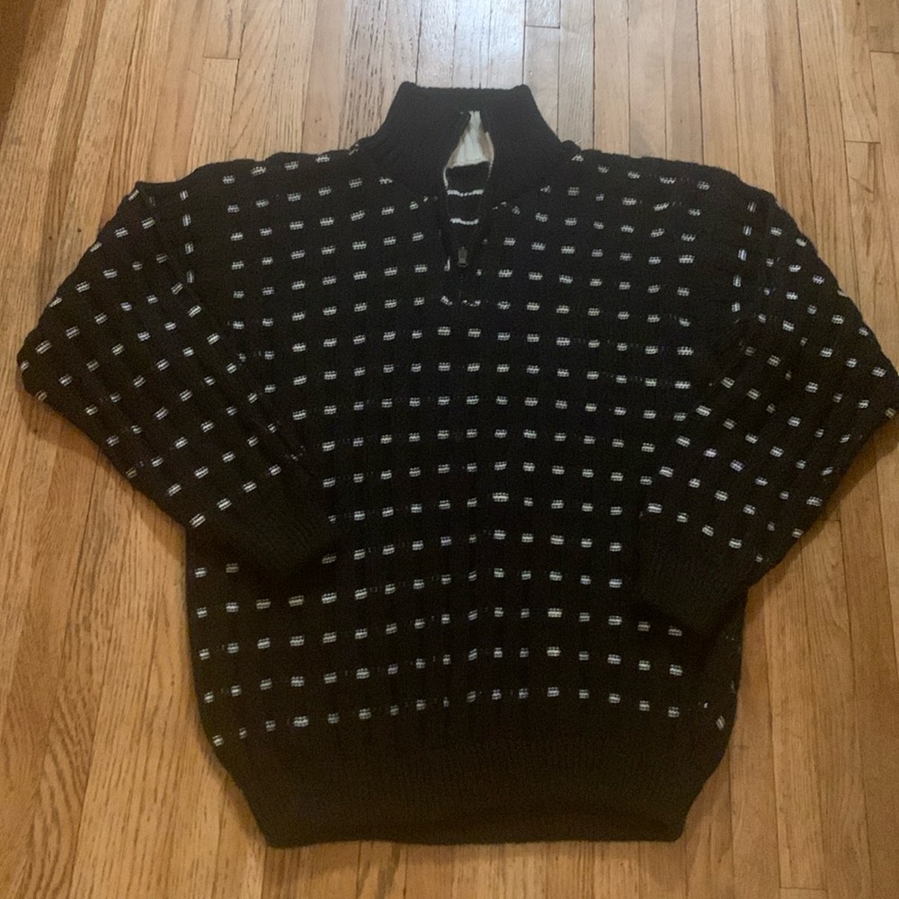 Vintage Unisex Pullover Sweater with Half Zip Black White Size Large